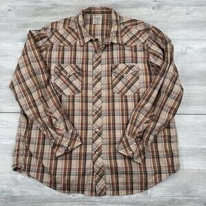 Lucky Brand Western Shirt Mens 2XL XXL Peach Burnt Orange Blue Plaid Pearl Snap